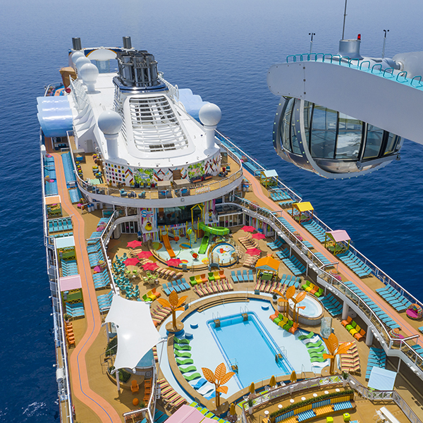Aerials of Odyssey of the Seas featuring North Star and Caribbean style pool deck.