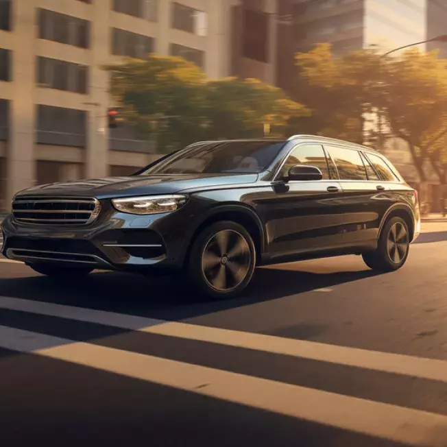 SUV driving down a city road at dusk