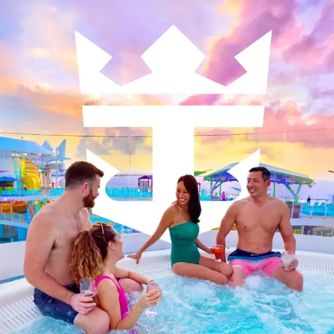 Group of people relaxing in a hot tub on a cruise ship deck at sunset with colorful skies and the Royal Caribbean logo prominently displayed.