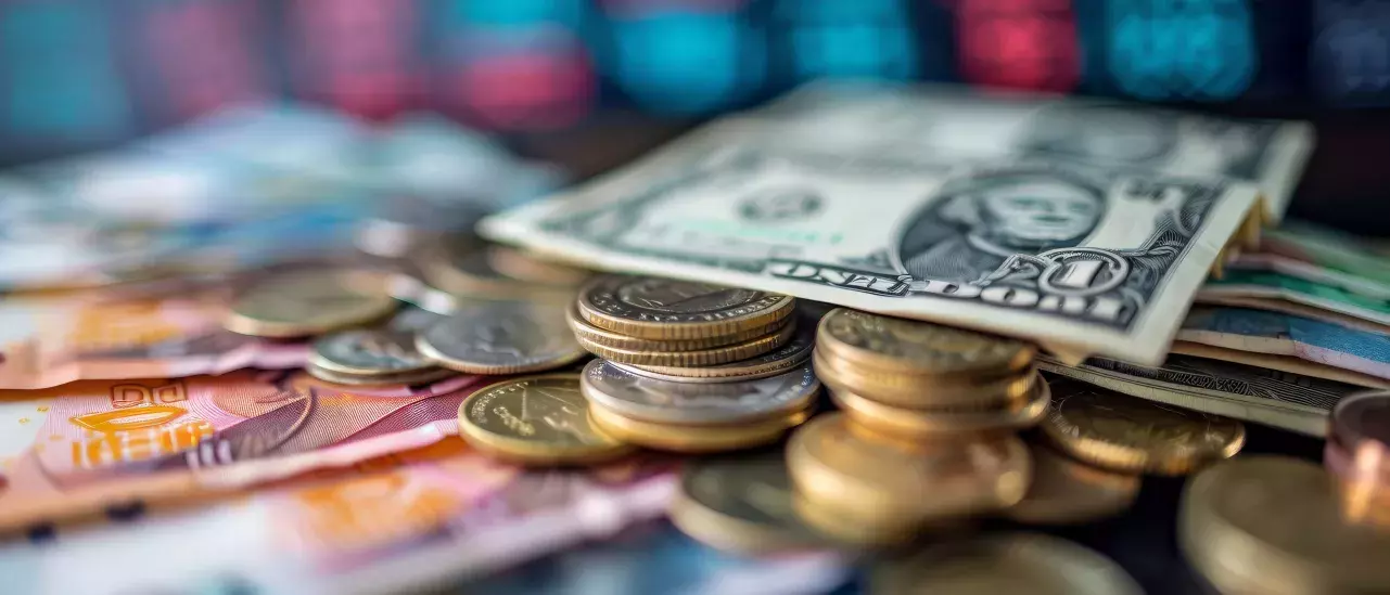 A close-up image of various banknotes and coins from different currencies. The money is scattered on a flat surface, with some bills overlapping and coins stacked in small piles. The background is blurred, showing colorful, out-of-focus financial data.