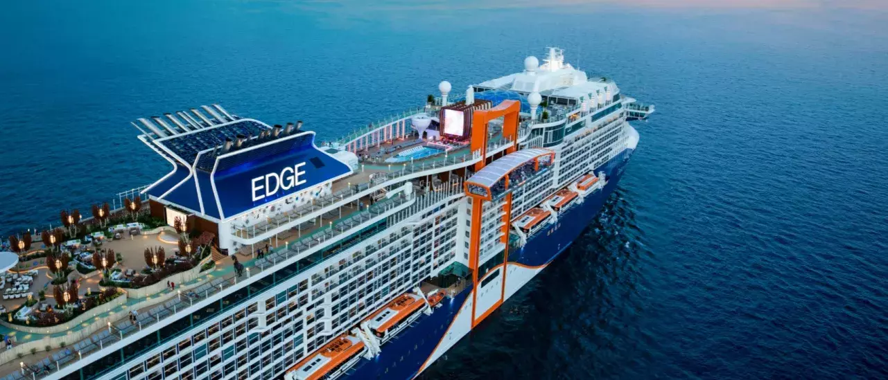 Large Cruise ship with Edge labeled on the smokestack