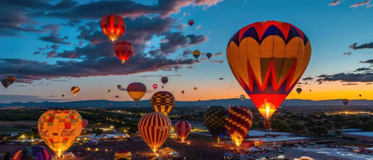 A vibrant scene at a hot air balloon festival at sunset. Numerous colorful hot air balloons rise above the cheering crowds, with mountains in the background and a sky transitioning from day to night, adorned with a few clouds reflecting the warm light.