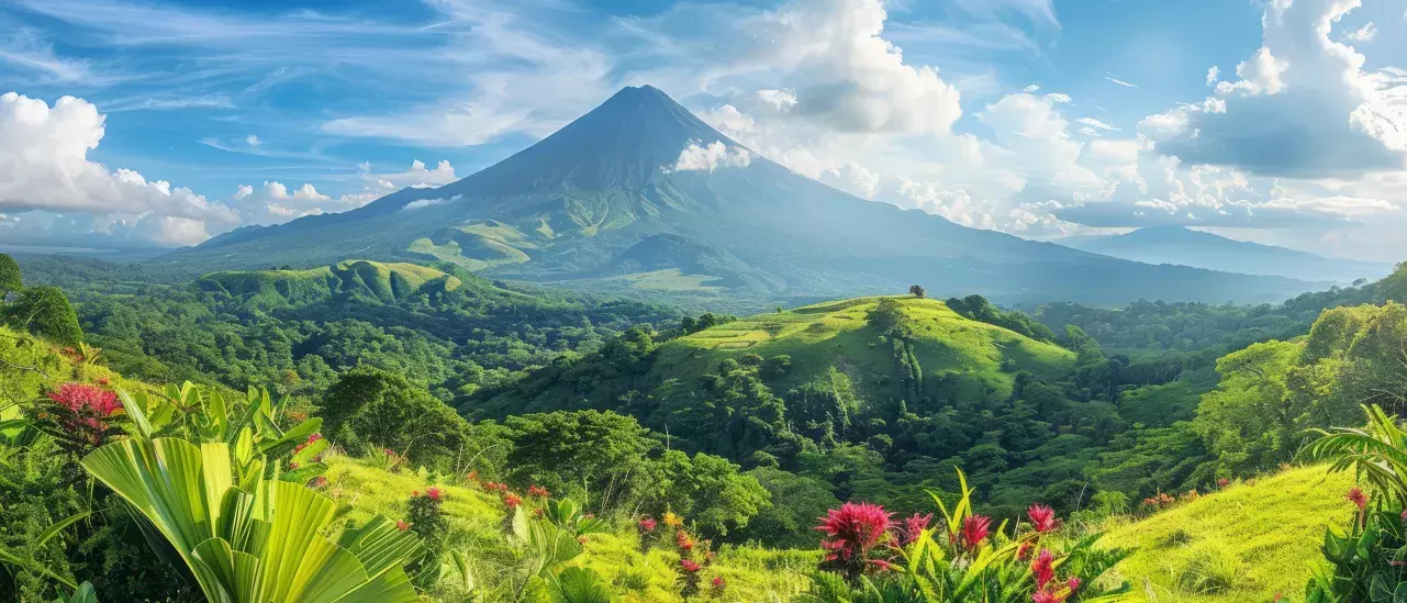 A stunning landscape of green hills and tropical plants with a towering volcanic mountain in the background, under a bright blue sky with wispy clouds.