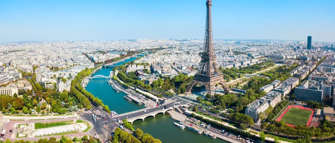 An aerial view of the Eiffel Tower