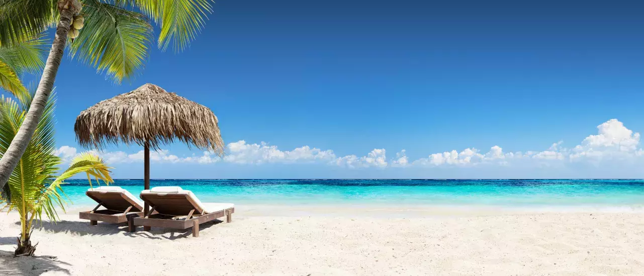 A sandy beach with palm trees and blue water. There are two beach chairs and an umbrella.