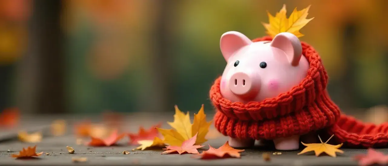 Piggy bank with a red scarf and autumn leaves on a wooden surface.