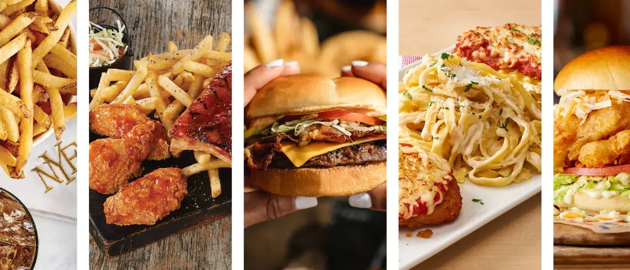 Food from New York Fries, Montana's, Harvey's, and East Side Mario's