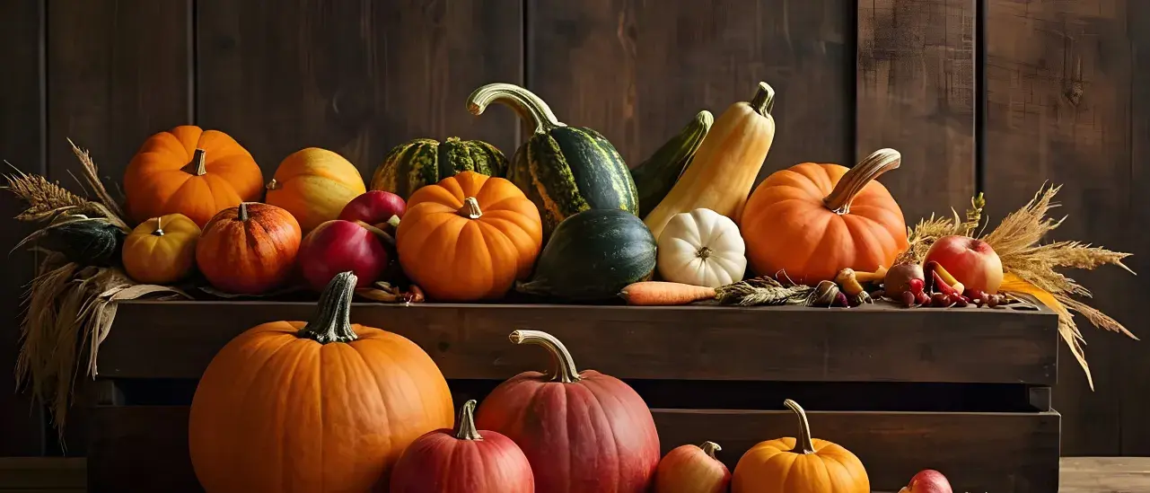 Crate of assorted pumpkins, gourds, and fall produce.
