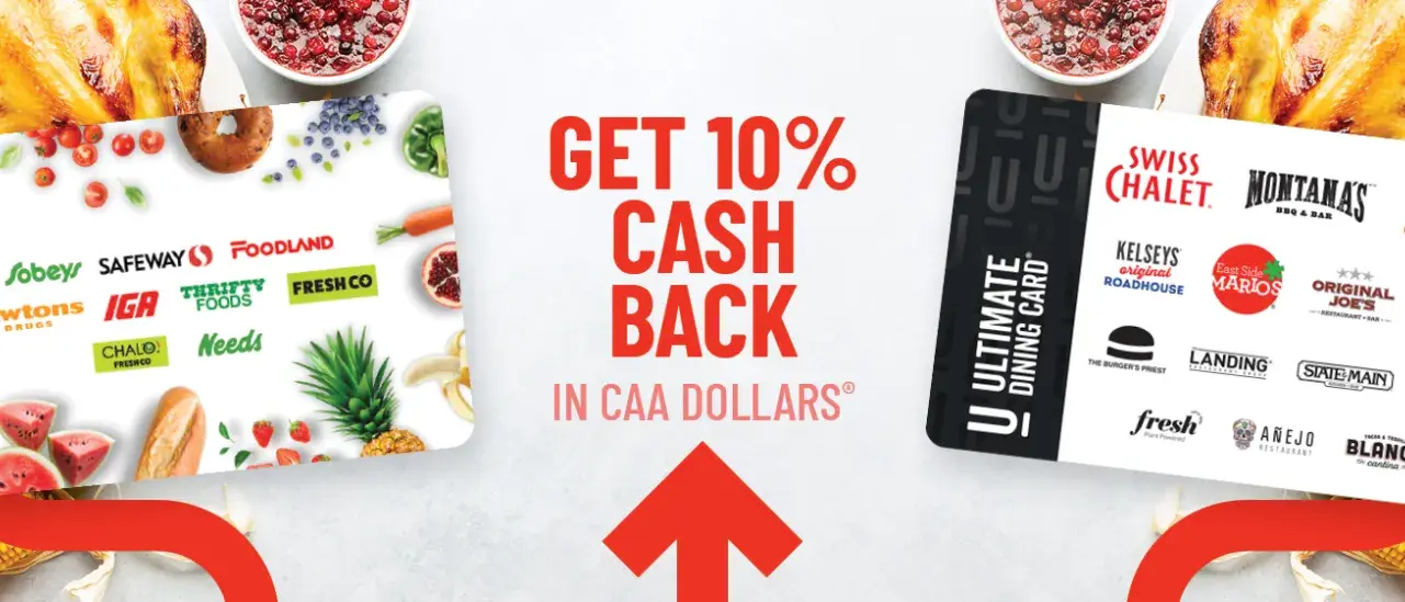 Promotional banner featuring a Sobeys gift card and an Ultimate Dining gift card. The Sobeys card is surrounded by fresh groceries like tomatoes, lettuce, watermelon, and bread, with logos of affiliated stores including Safeway, Foodland, and FreshCo. The Ultimate Dining card is set against a background of roasted turkey and pies, displaying logos of restaurants such as Swiss Chalet, Montana's, Harvey's, and East Side Mario's. Bold red text above reads “Get 10% Cash Back in CAA Dollars®.”