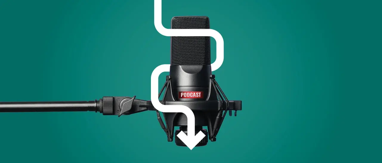 A podcast microphone with a green background.