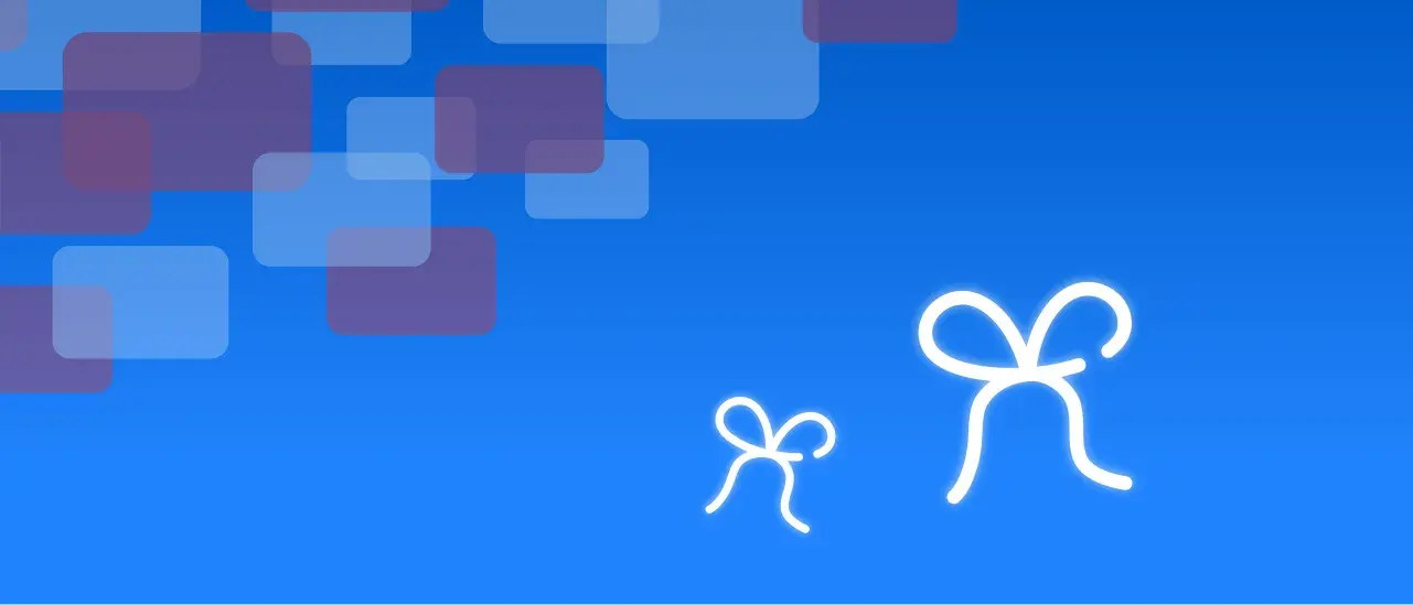 Blue back ground with various blue squares in the top left corner and two bows in the top right.