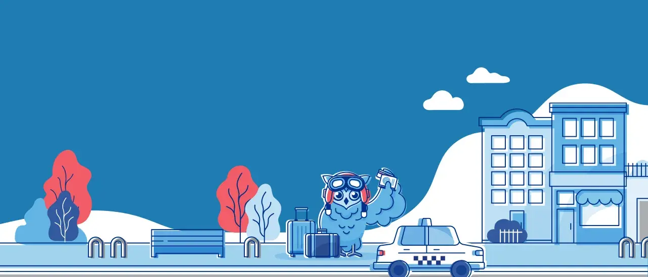 Illustrated city street scene with a cartoon owl traveler waving beside rolling suitcases, a taxi, and buildings in the background.