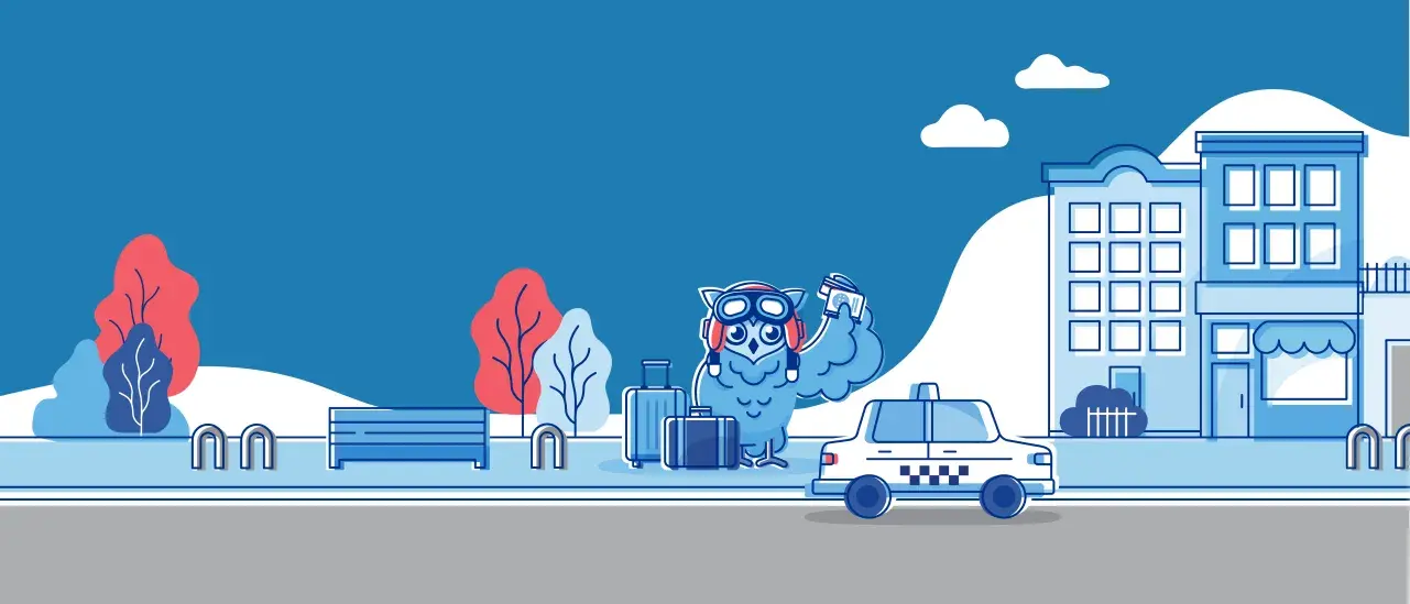 Illustrated city street scene with a cartoon owl traveler waving beside rolling suitcases, a taxi, and buildings in the background.