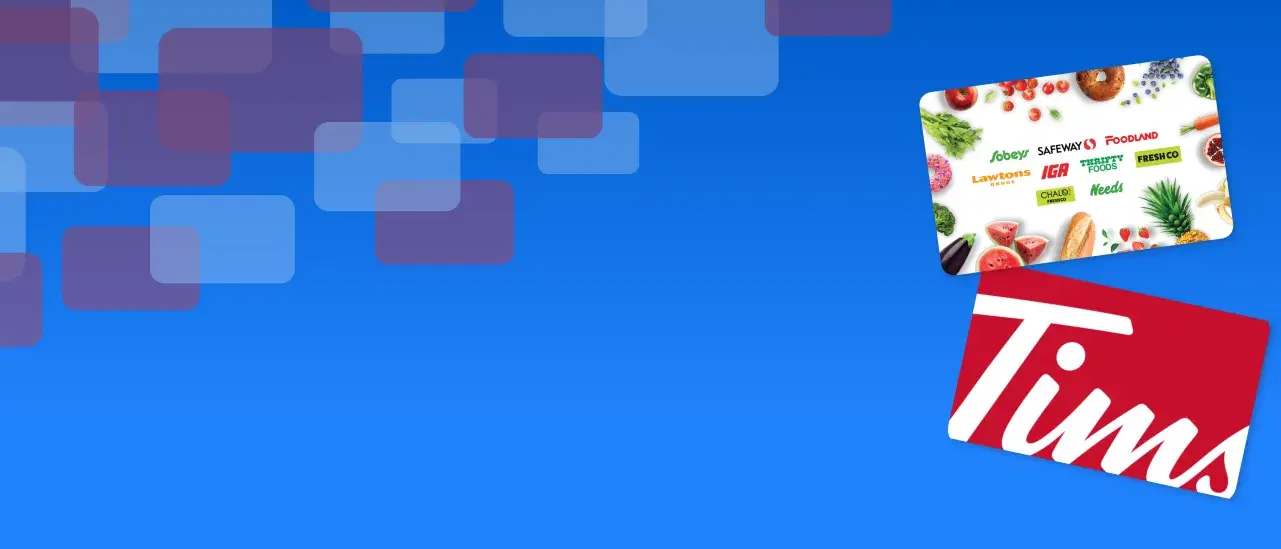 Two gift cards on a blue background with overlapping translucent squares. The top card features grocery store logos surrounded by fruits and vegetables. The bottom card is a red Tim Hortons–branded gift card tilted slightly.