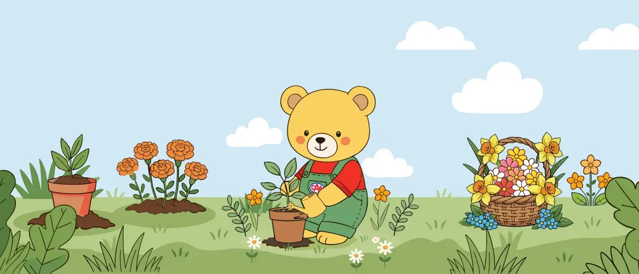 Illustrated bear planting flowers in a garden beside a basket of blooms.