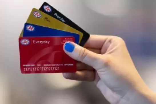 Female hand with blue nail polish holding red, blue, gold and black memerbship cards