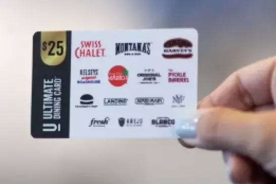 hand with light blue nailpolish holding a $25 dining giftcard with 14 restaurant logos on the card 