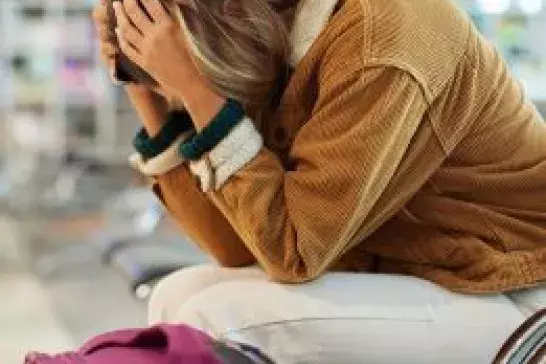 Woman waits for her flight with her head in her hands.