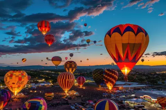 A vibrant scene at a hot air balloon festival at sunset. Numerous colorful hot air balloons rise above the cheering crowds, with mountains in the background and a sky transitioning from day to night, adorned with a few clouds reflecting the warm light.