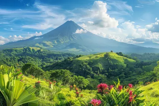 A stunning landscape of green hills and tropical plants with a towering volcanic mountain in the background, under a bright blue sky with wispy clouds.