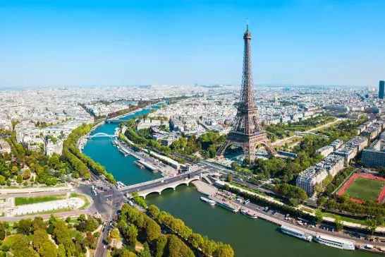 An aerial view of the Eiffel Tower