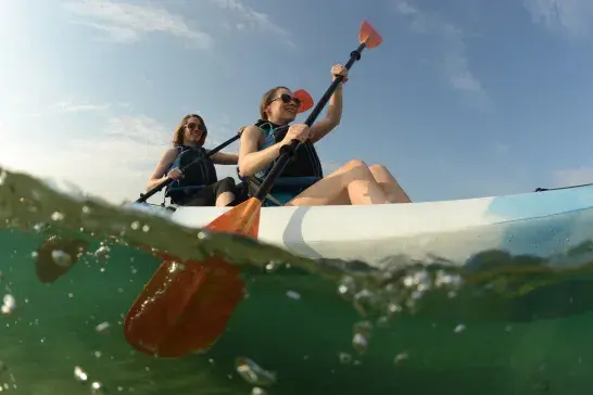 Two people kayaking on calm water under a blue sky, viewed from a split above-and-below-water perspective.