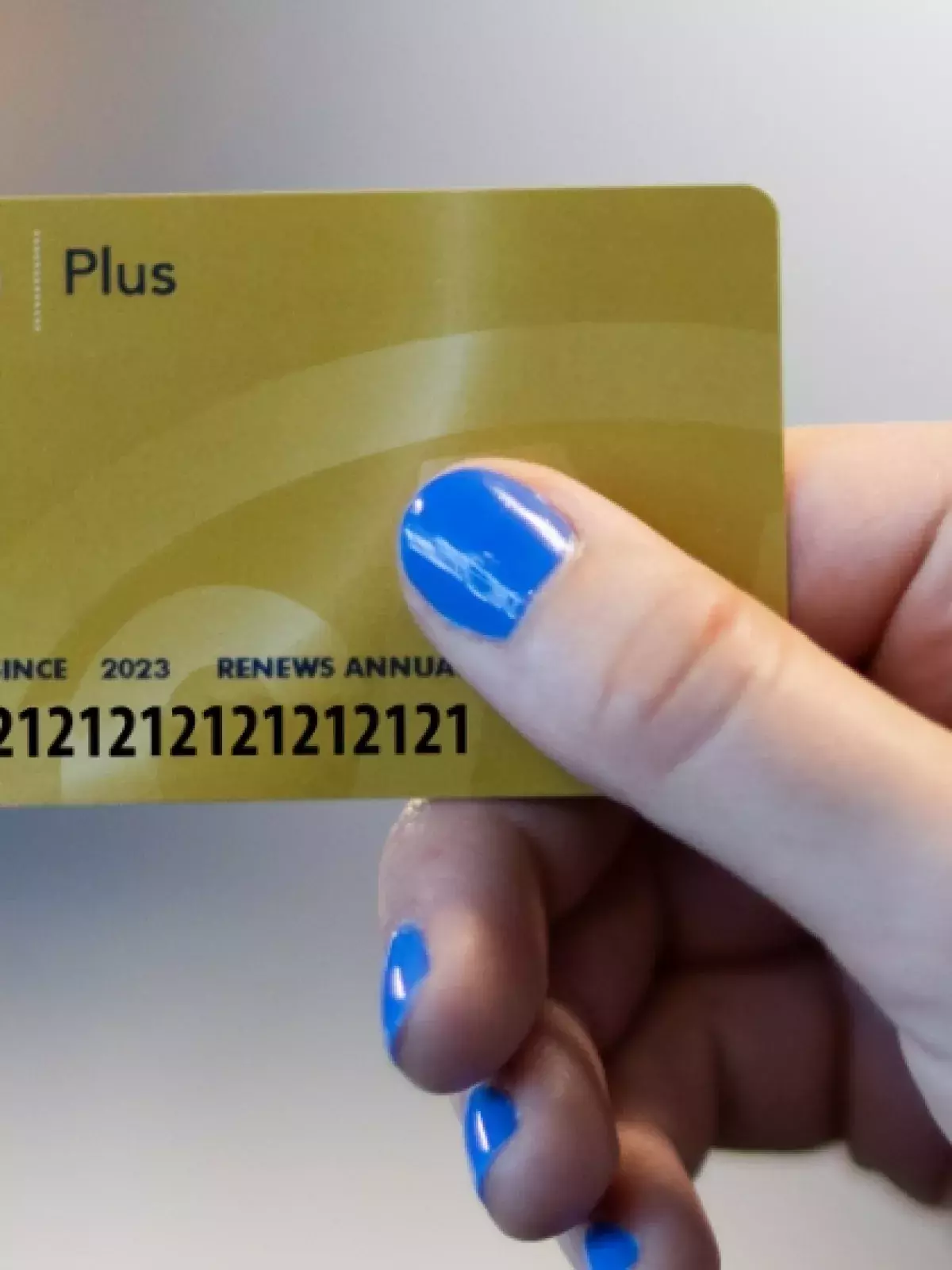 hand with blue nailpolish holding a gold CAA membership card with the word Plus at the top left to the right of the CAA logo