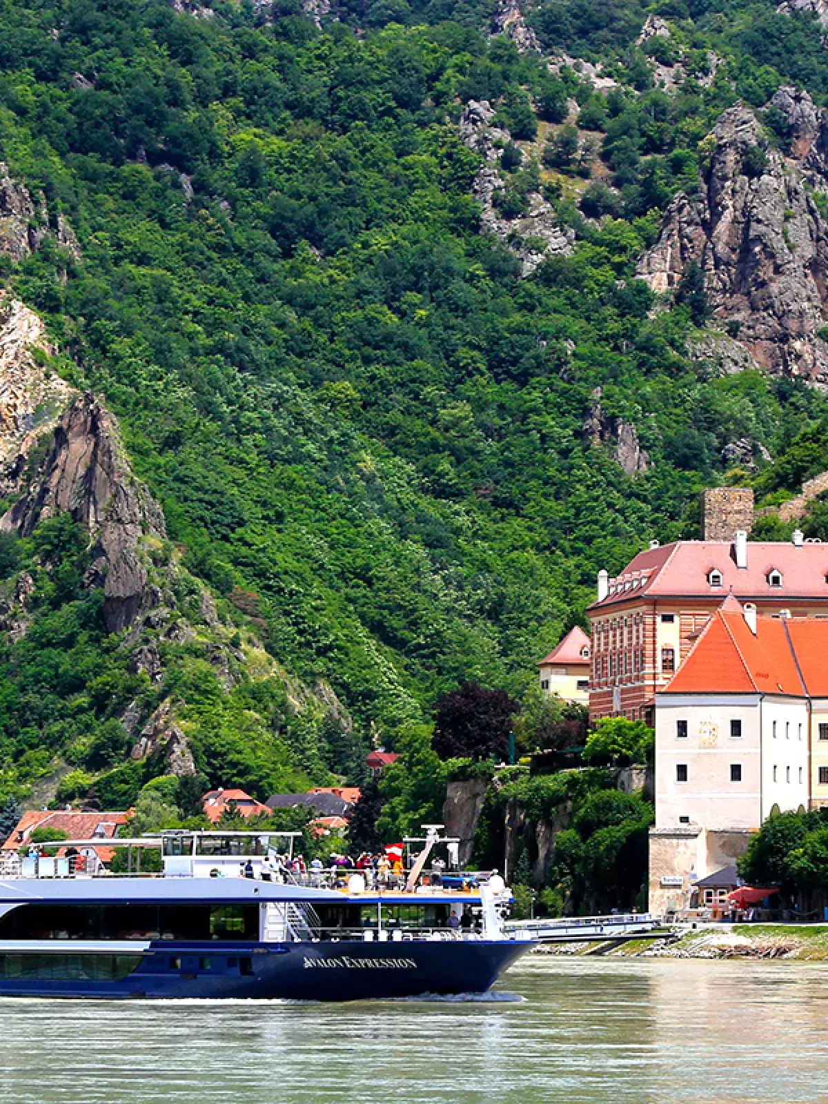 A river cruise boat floating past a European city