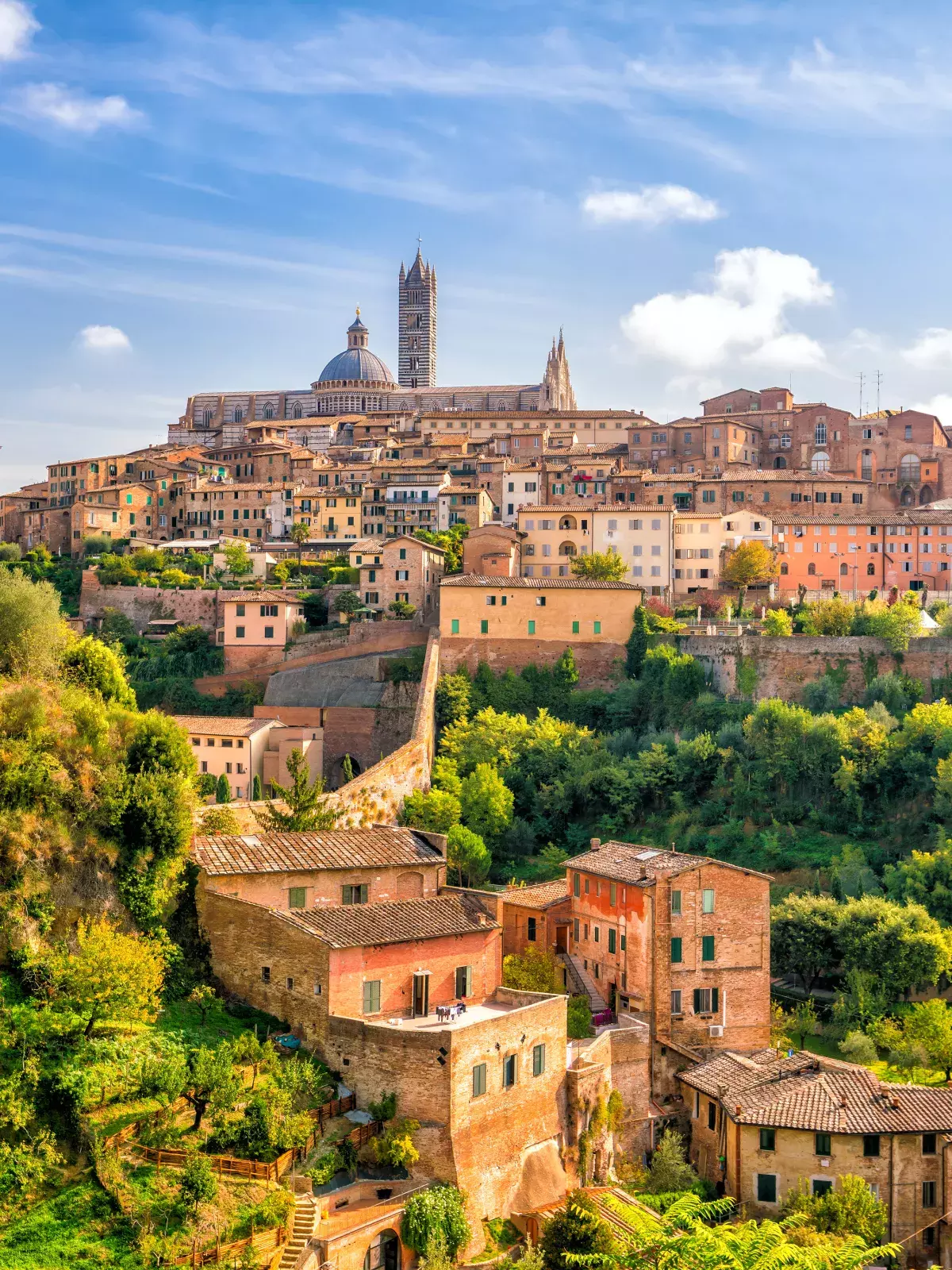 A scenic view of Siena, Italy, featuring a medieval hilltop town with terracotta-roofed buildings, lush greenery, and a clear blue sky. 