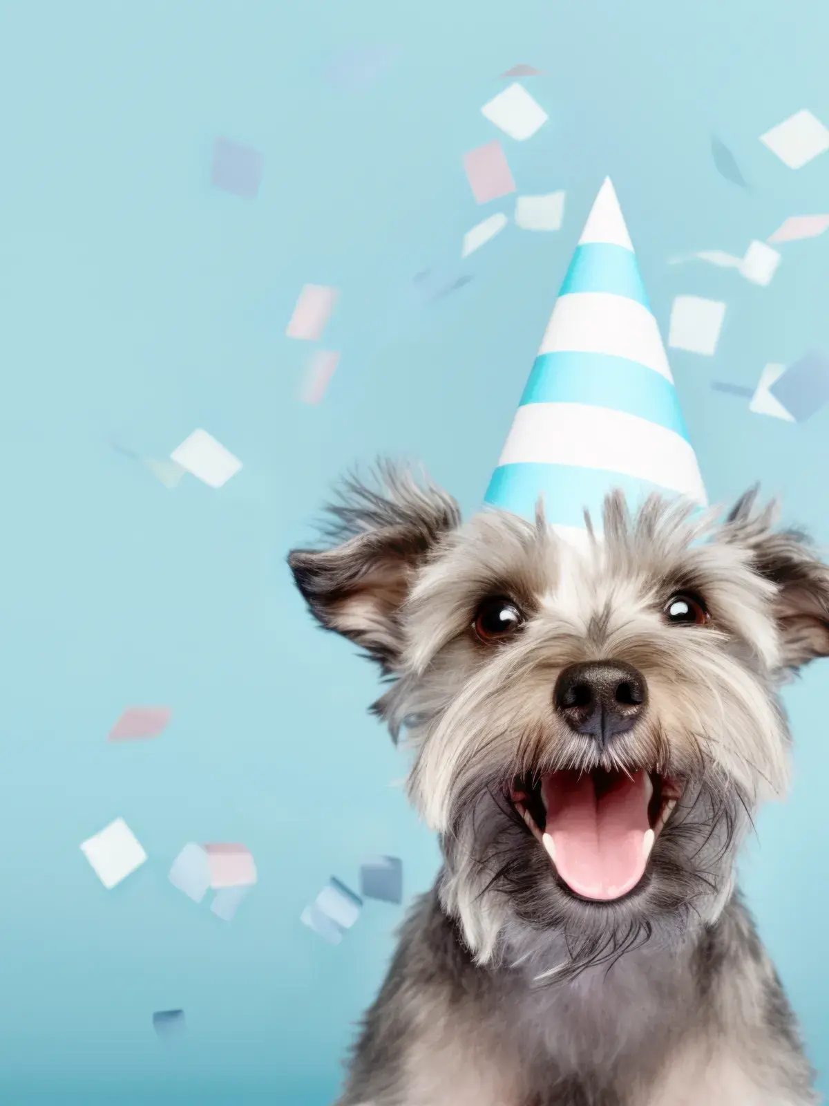 Cute happy dog celebrating at a birthday party 