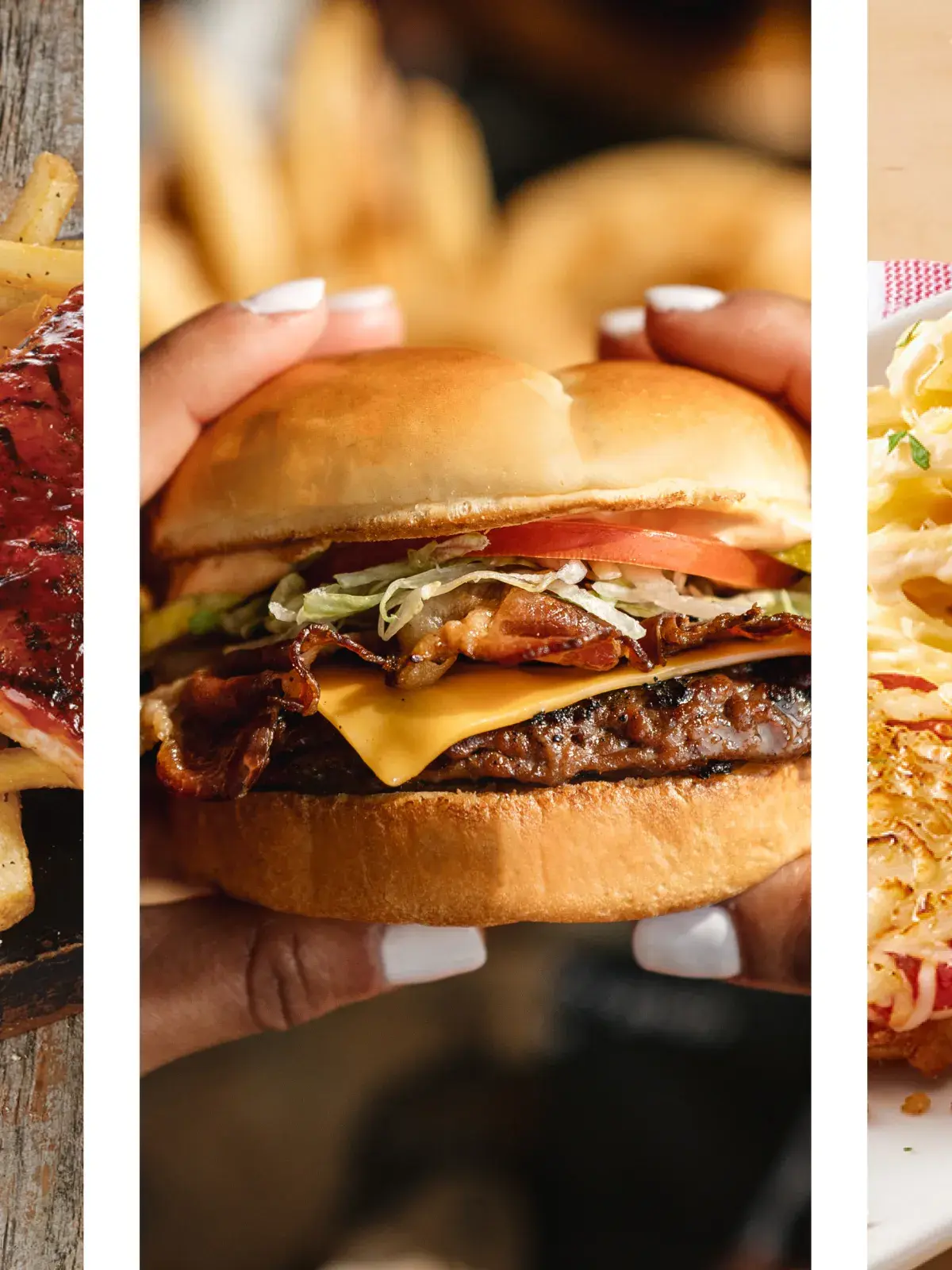 Food from New York Fries, Montana's, Harvey's, and East Side Mario's