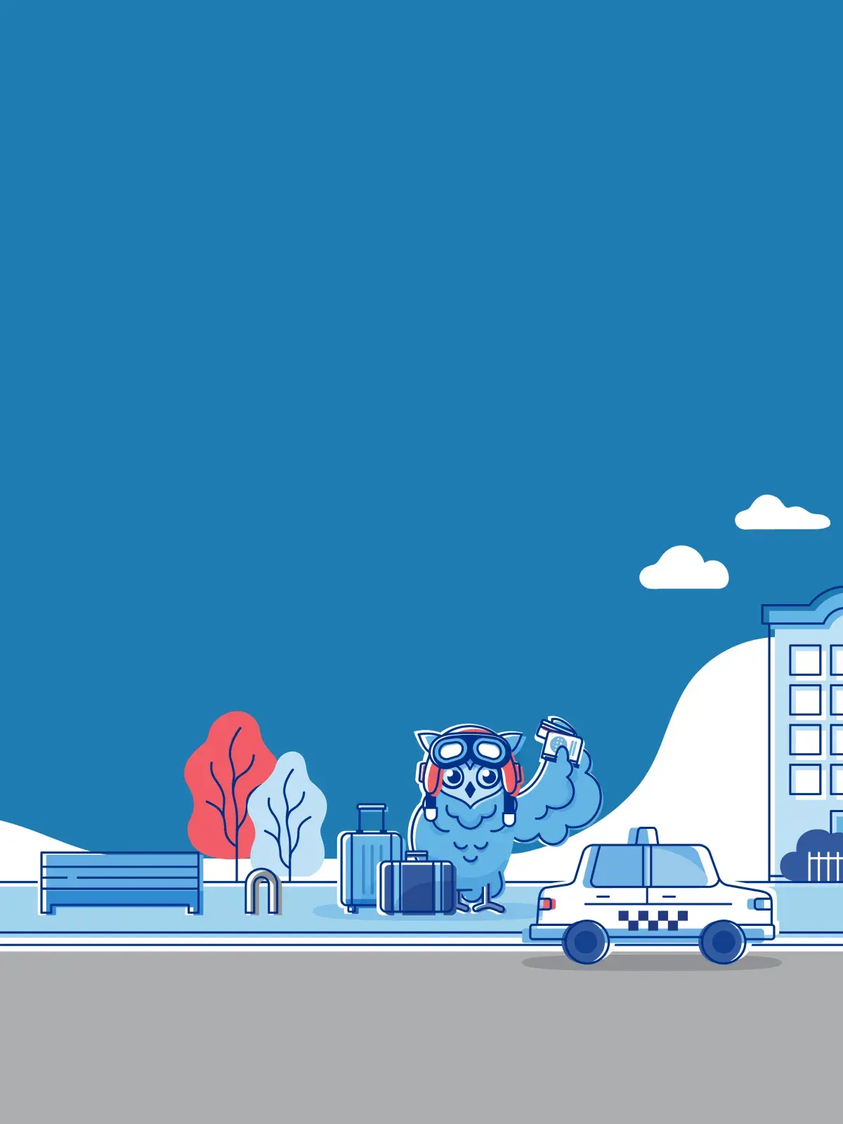 Illustrated city street scene with a cartoon owl traveler waving beside rolling suitcases, a taxi, and buildings in the background.