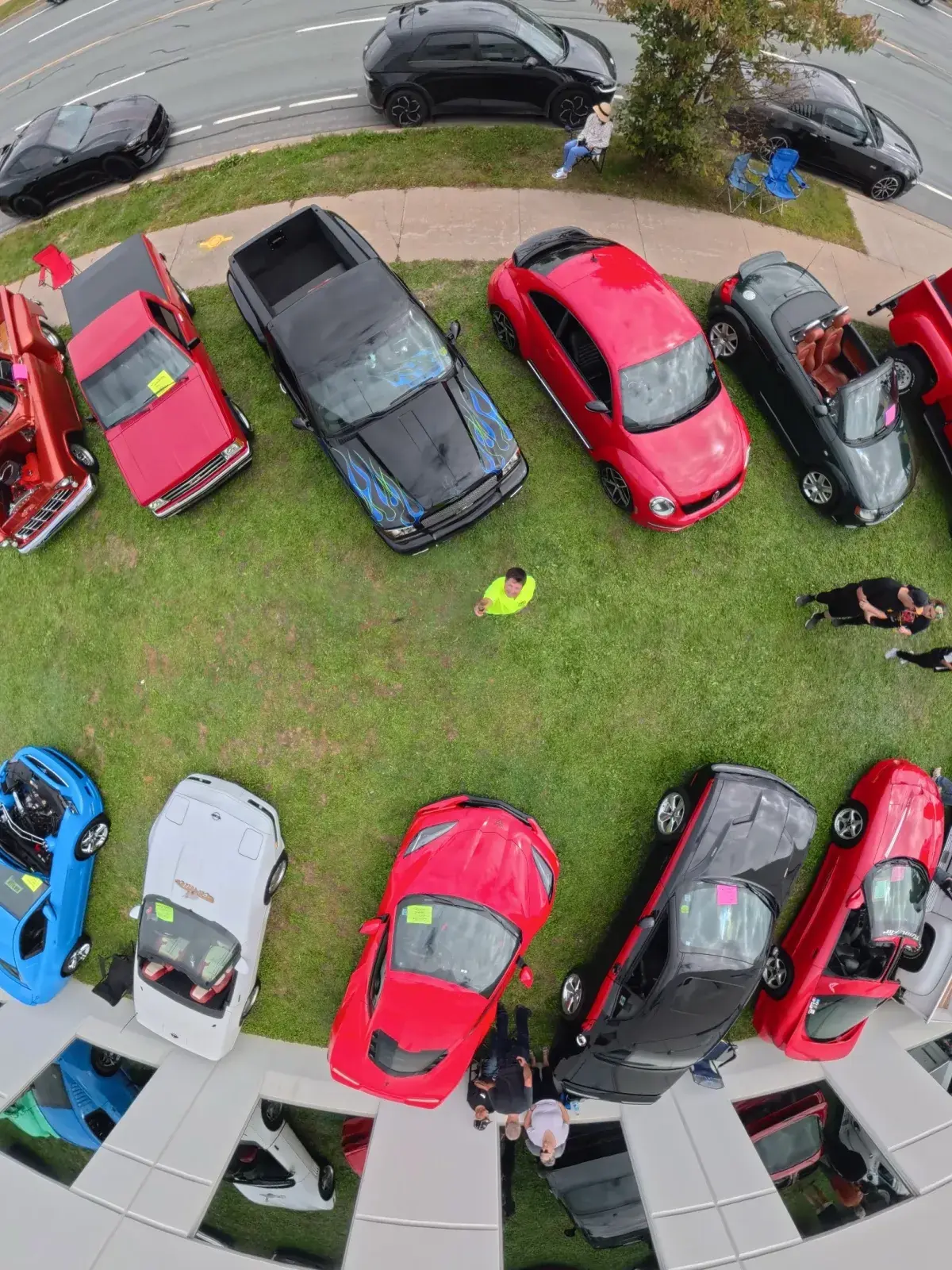 Aerial view of classic cars and trucks on display at the CAA Atlantic Show & Shine Car Show in Dartmouth.