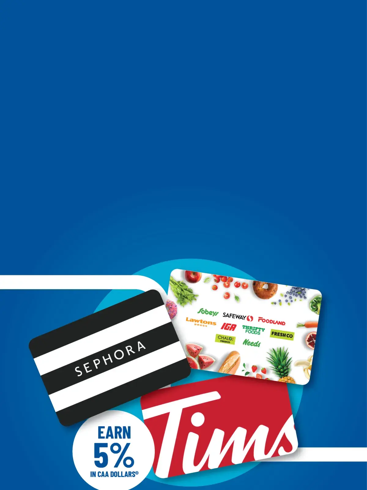 Promotional graphic showing Sephora, Sobeys/Safeway, and Tims gift cards on a blue background with the text “Earn 5% in CAA Dollars®.”