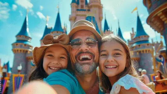 A father wearing glasses with his two young female children smiling taking a selfie in front of the Disney castle 