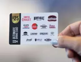 hand with light blue nailpolish holding a $25 dining giftcard with 14 restaurant logos on the card 