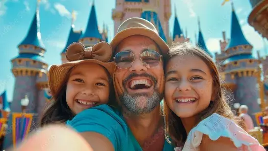 Male with two children taking a selfie with the Disney castle in the background