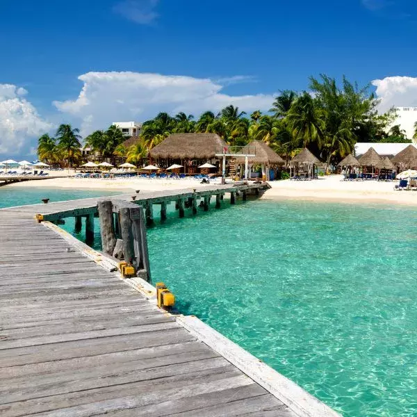 A tropical resort location on the beach with palm trees in the background