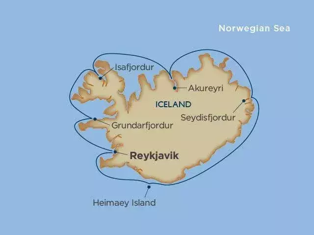 A map of Iceland highlighting major locations such as Reykjavik, Heimaey Island, Grundarfjordur, Isafjordur, Akureyri, and Seydisfjordur, surrounded by the Norwegian Sea.