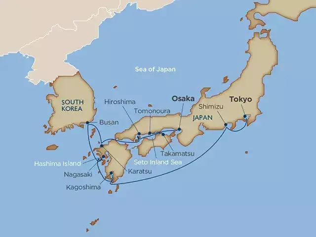 A map showing parts of South Korea and Japan, with the Sea of Japan labeled. The map highlights various cities and locations in Japan, including Tokyo, Osaka, Shimizu, Hiroshima, Tomonoura, Takamatsu, Karatsu, Nagasaki, Kagoshima, and Hashima Island. It also shows Busan in South Korea, with lines indicating possible travel routes or connections between these locations.