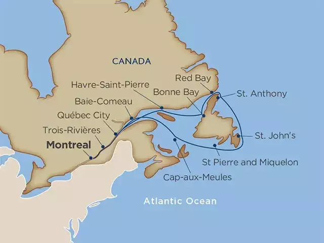 A map showing a route in the Atlantic Ocean along the eastern coast of Canada. The map highlights several locations including Montreal, Trois-Rivières, Québec City, Baie-Comeau, Havre-Saint-Pierre, Red Bay, Bonne Bay, St. Anthony, St. John's, St Pierre and Miquelon, and Cap-aux-Meules, with lines indicating travel paths between them.