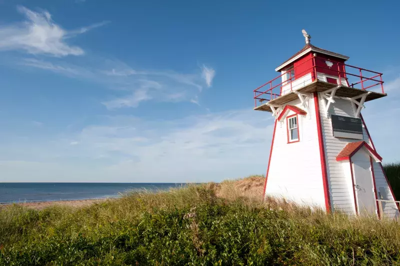 A small white lighthouse with red trim and a red roof stands on a grassy dune near the ocean under a clear sky with wispy clouds.
