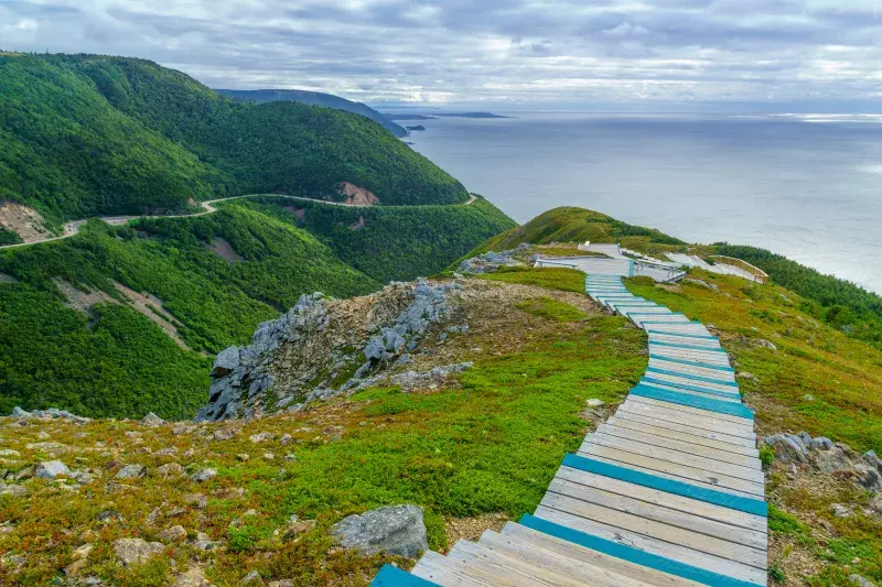 Wooden boardwalk with blue accents winding through greenery atop a cliff, overlooking water and distant hills under a cloudy sky.