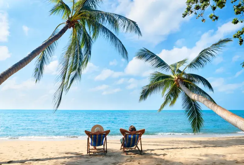 Two people relaxing on beach chairs under leaning palm trees by a calm ocean on a sunny day.