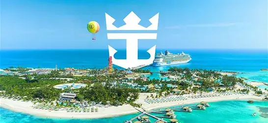Tropical island with cruise ship, turquoise waters, beach cabanas, and Royal Caribbean logo.