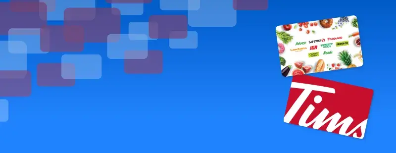 Two gift cards on a blue background with overlapping translucent squares. The top card features grocery store logos surrounded by fruits and vegetables. The bottom card is a red Tim Hortons–branded gift card tilted slightly.