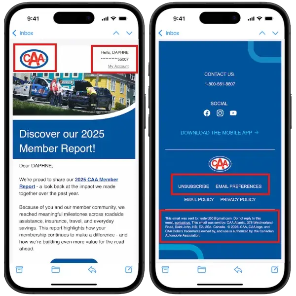 CAA email example with CAA address and unsubscribe and email preferences options