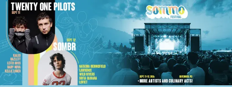 Music festival poster featuring Twenty One Pilots, Sombr, an artist lineup, and a large outdoor stage crowd.