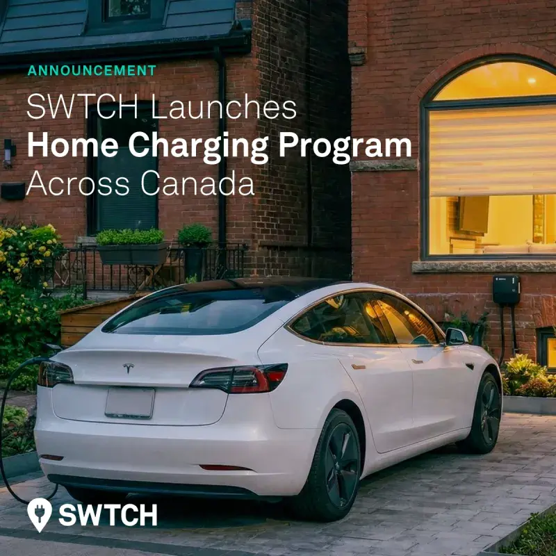 White electric car plugged into a home charging station in a residential driveway at dusk, with a brick house and lit window in the background. Overlaid text reads: “Announcement: SWTCH Launches Home Charging Program Across Canada,” with the SWTCH logo in the corner.