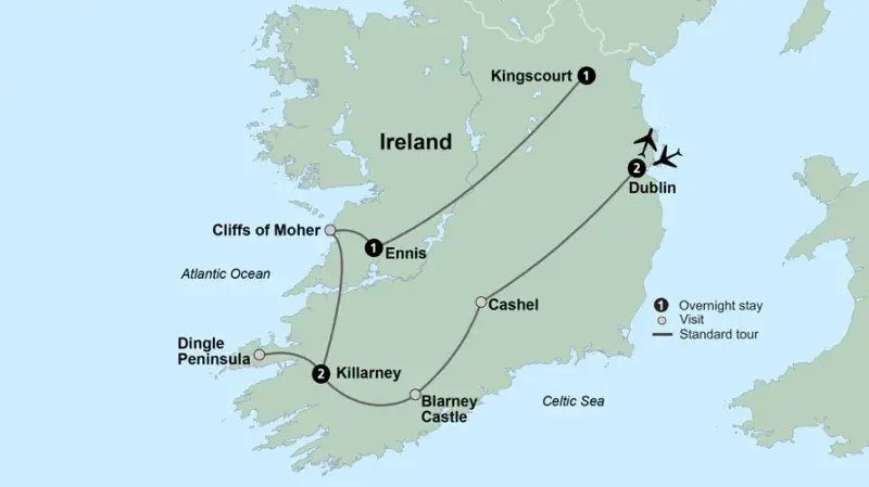 Map of the Irish Splendour tour route through Ireland, showing stops in Dublin, Cashel, Blarney Castle, Killarney, the Dingle Peninsula, the Cliffs of Moher, Ennis, and Kingscourt. The route begins and ends in Dublin, with overnight stays in Dublin, Killarney, Ennis, and Kingscourt. 